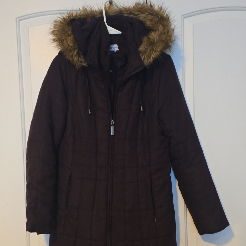 Liz Claiborne Chocolate Puffer Jacket with Faux Fur Hood